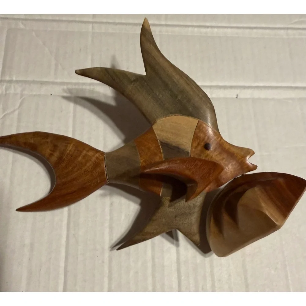 Vintage Hand Carved Mixed Wood Tropical Fish Sculpture Angel Fish Figurine 8in
